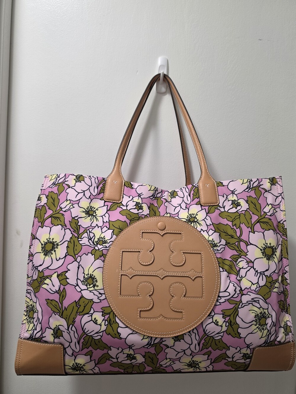 Tory Burch Ella Pink Tote with Tan Leather Trim